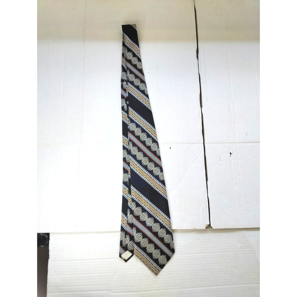 Vintage Dino Orsini Tie Medallion Stripe Navy Gold Trevira Polyester 70s ACWA - Picture 2 of 6